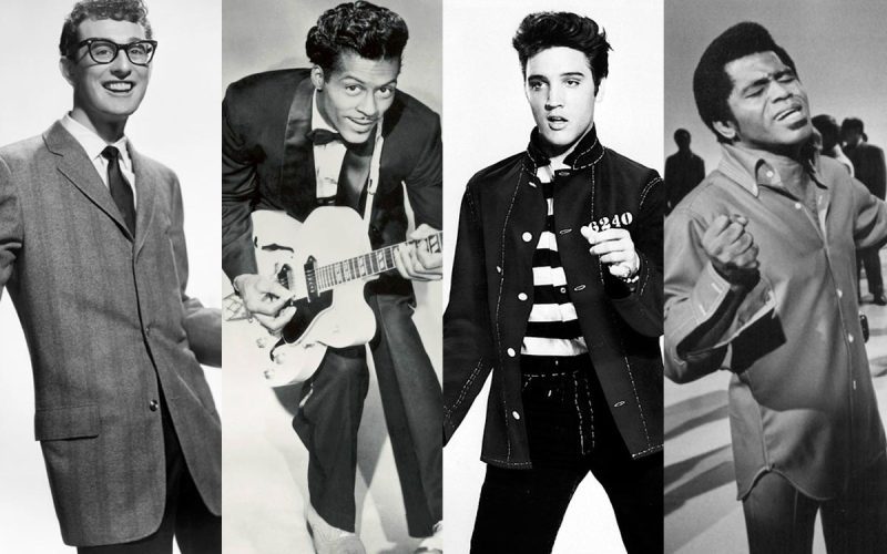 Collage of Buddy Holly, Chuck Berry, Elvis Presley and James Brown