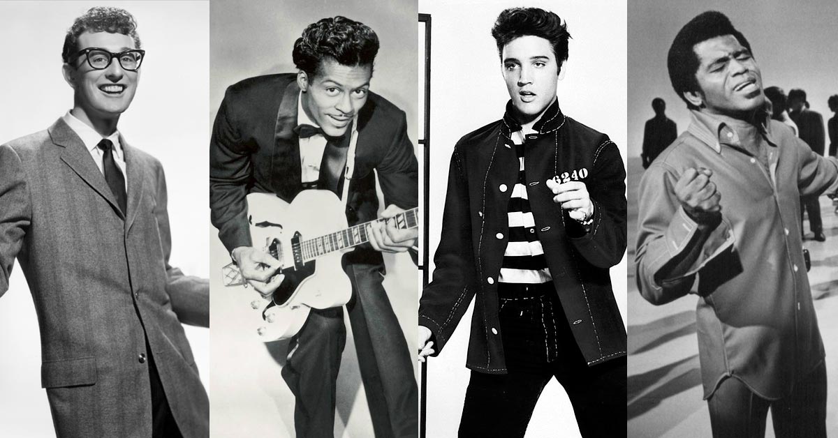 Collage of Buddy Holly, Chuck Berry, Elvis Presley and James Brown